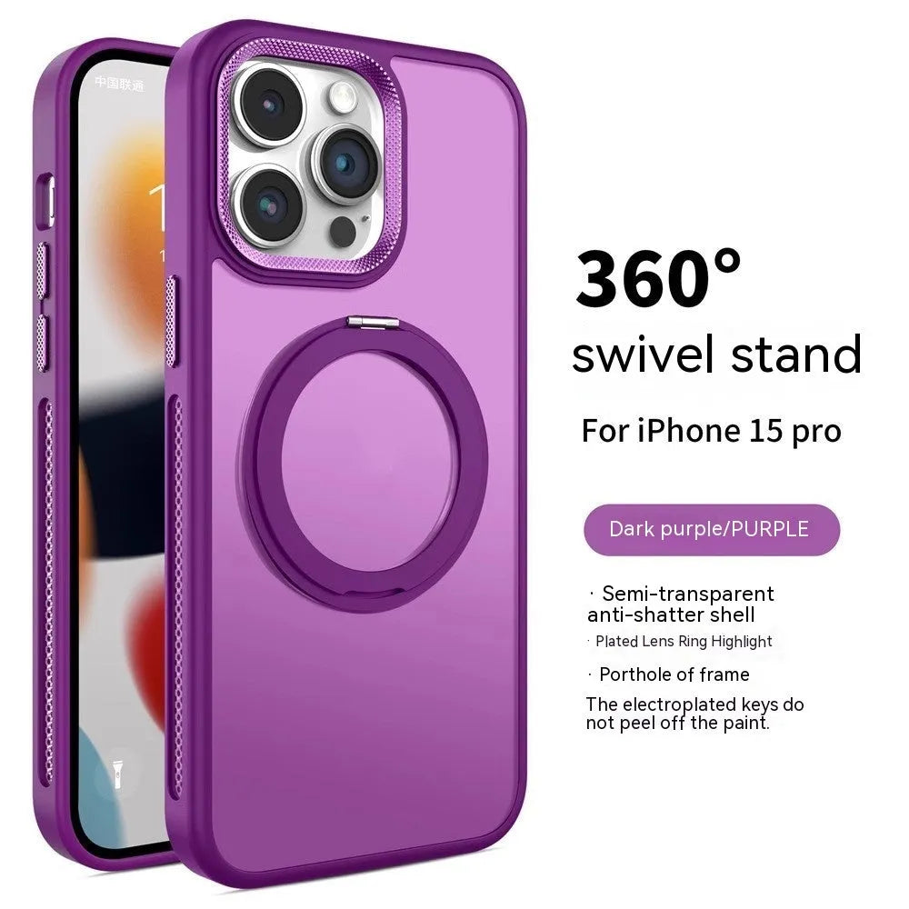 Frosted silicone iPhone case with a rotating stand extended and a magnetic ring on the back.
