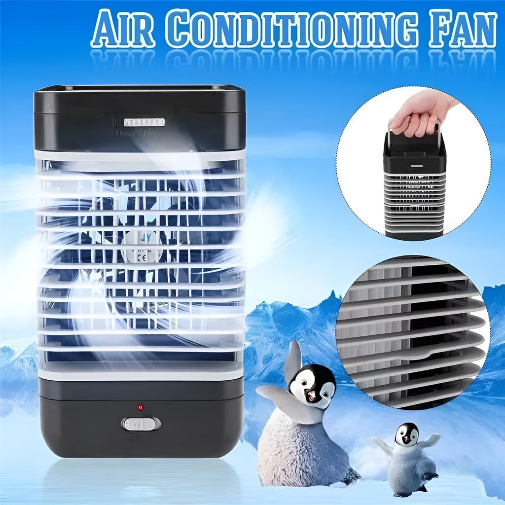 Portable vertical USB evaporative air cooler in black with water tank and ice cube function on a desk