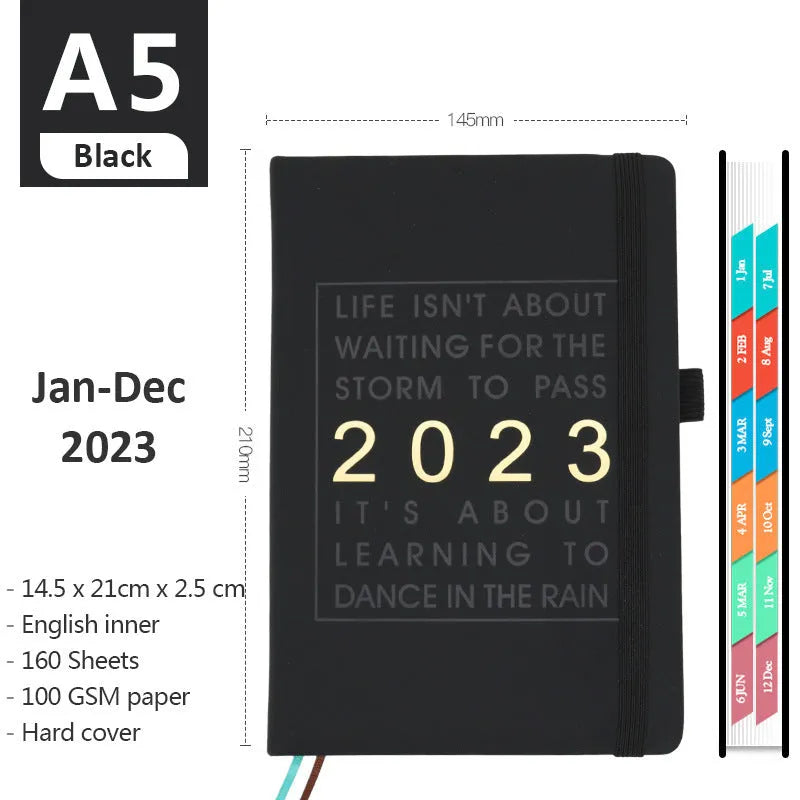 A5 imitation leather business notebook with English inside, 100gsm paper, 537g weight, in black cover