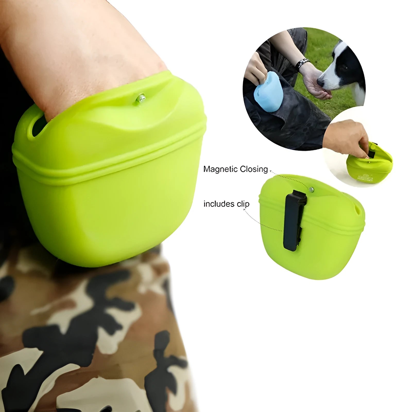 Silicone dog training treat bag with clip attachment in assorted colours