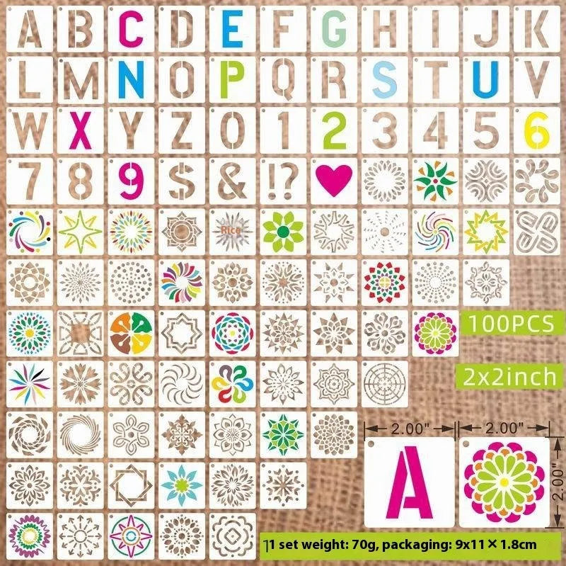 100 pieces of 2-inch milky white PET film spray painting templates showing floral, animal, and letter designs