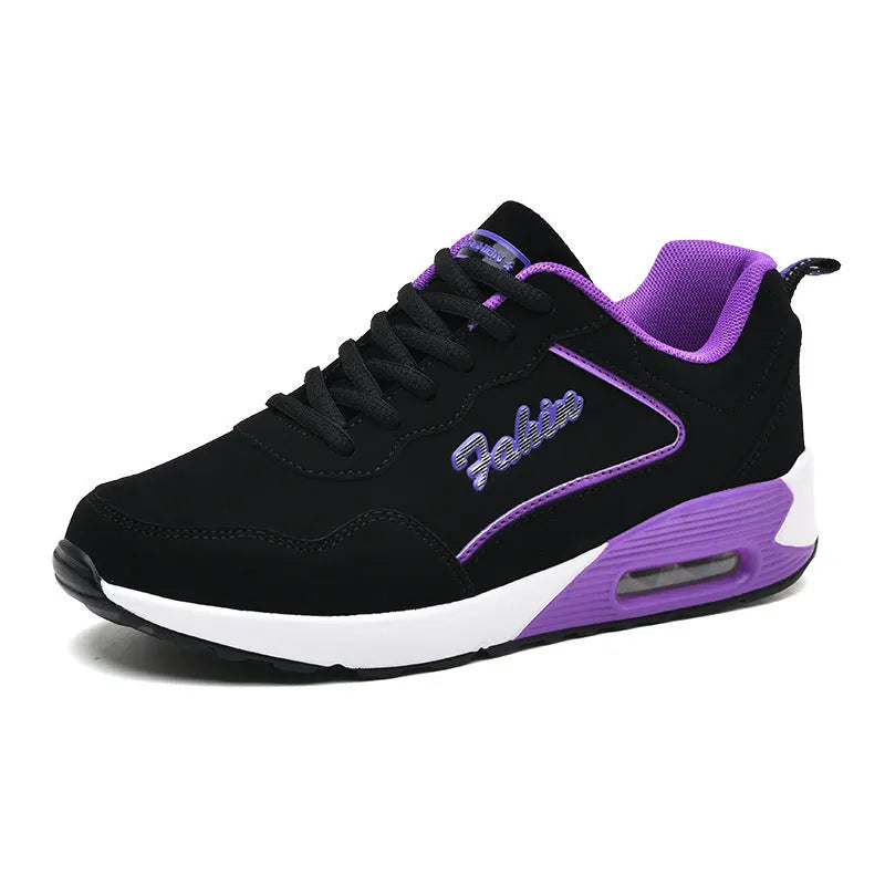 Spring leather plus size air cushion sports shoes for women, casual walking, low-top lace-up, black and white colour