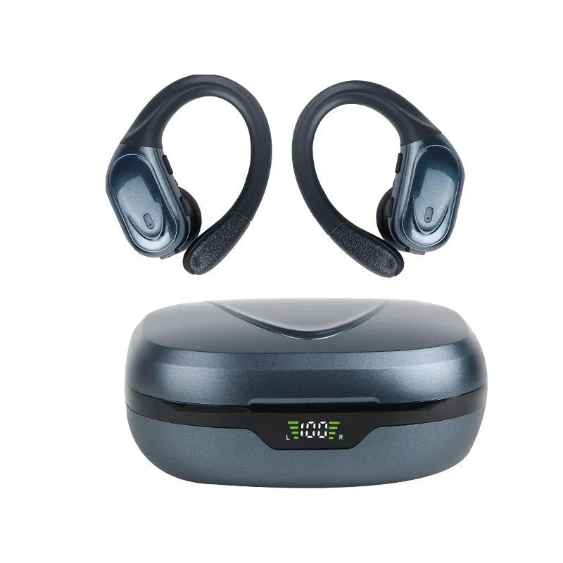 Smart digital display wireless ear-hook sports headphones with noise reduction in Black, Rose Gold, and Skin Colour