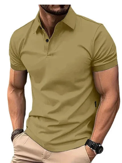 Man wearing a slim-fit solid colour short sleeve button-up casual shirt in a cotton blend fabric.