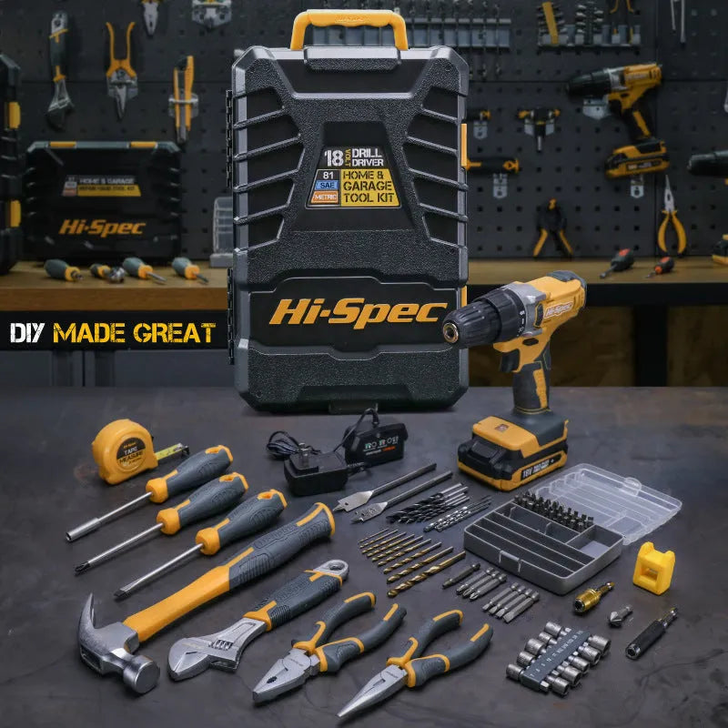Grey yellow US style tool combo set with 82 chrome-vanadium steel pieces for furniture installation.