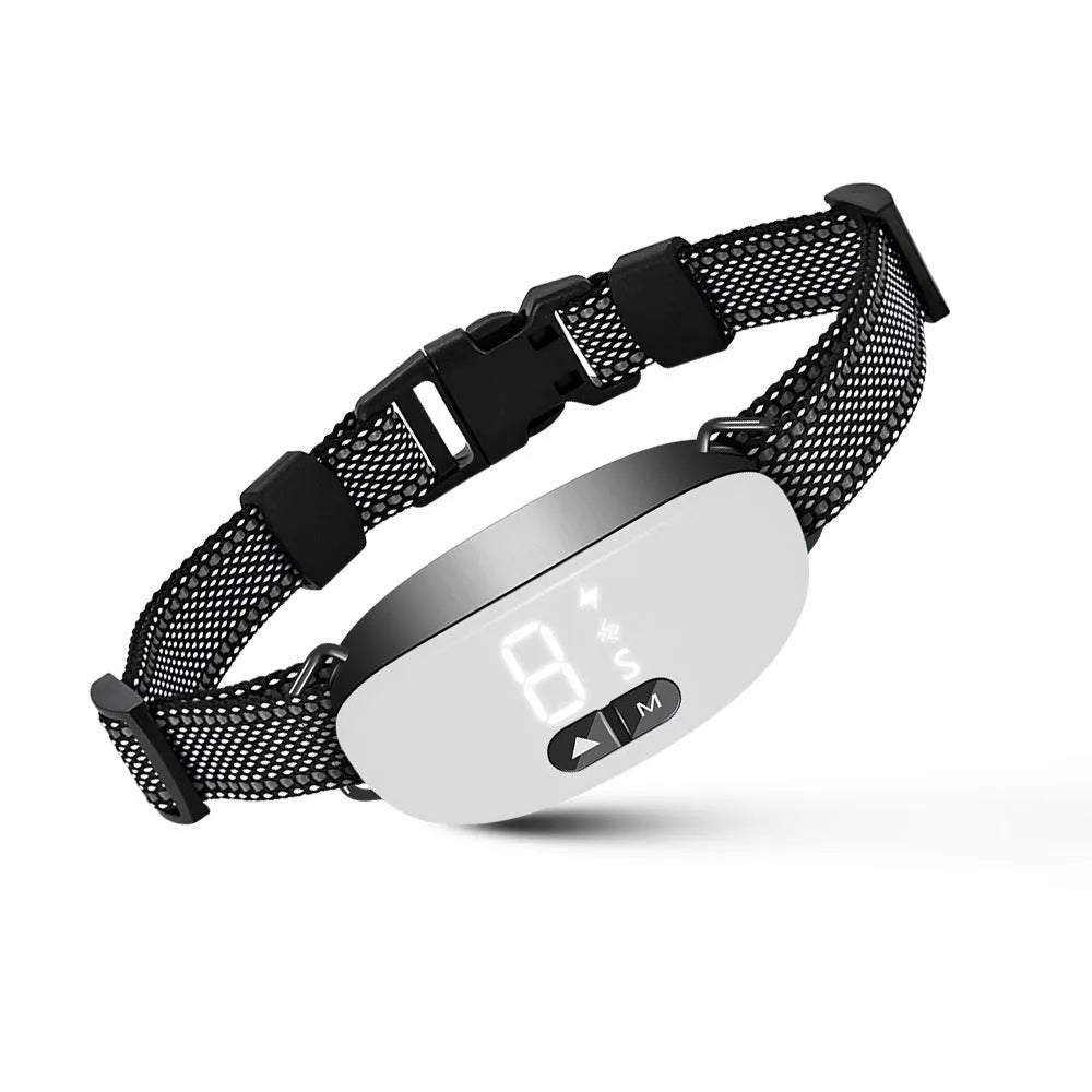Bark Stopper plastic dog collar in black white and orange for barking prevention
