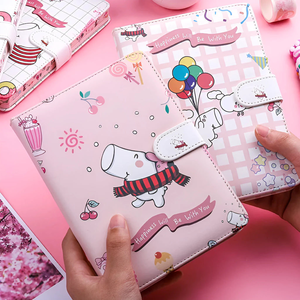 Small white Kaba Bear Hippo notebook with magnetic buckle, showing PU leather cover and compact 135mm x 185mm size.