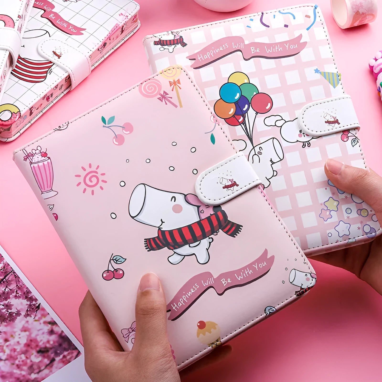 Small white Kaba Bear Hippo notebook with magnetic buckle, showing PU leather cover and compact 135mm x 185mm size.
