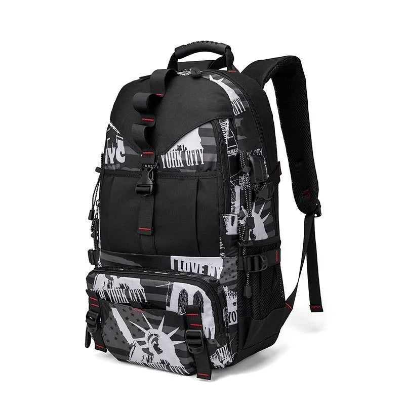 Men's large waterproof hiking backpack in Oxford cloth with air cushion back system, shown in a camouflage colour variant.