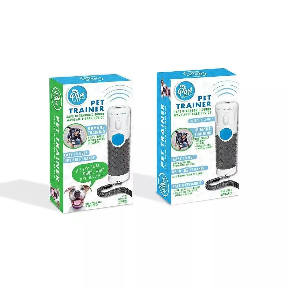 White ABS plastic handheld ultrasonic dog trainer device on a white background.