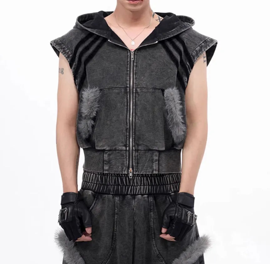 Korean style hooded sleeveless tank top and matching trousers set in washed fabric