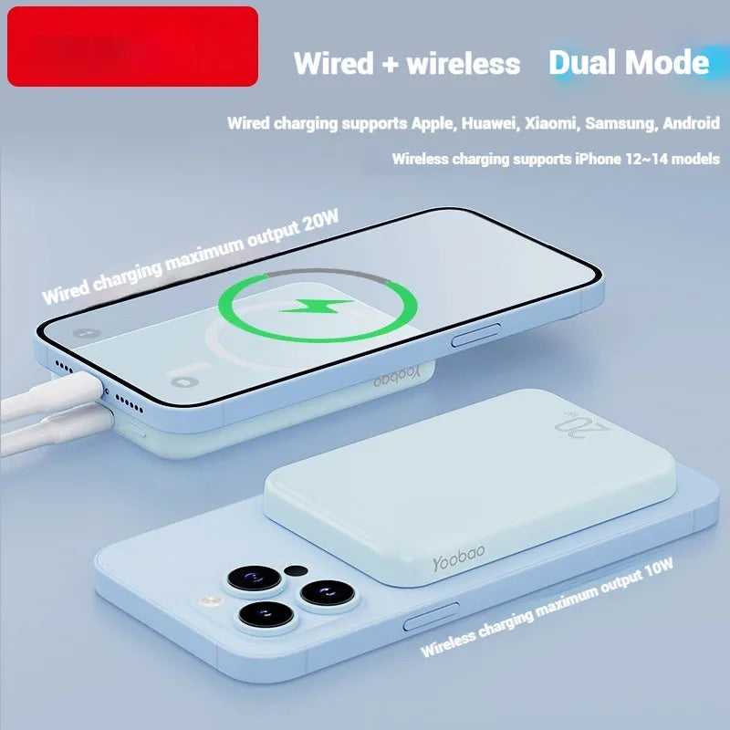 Portable magnetic wireless power bank in blue, purple, or white with 10000mAh capacity