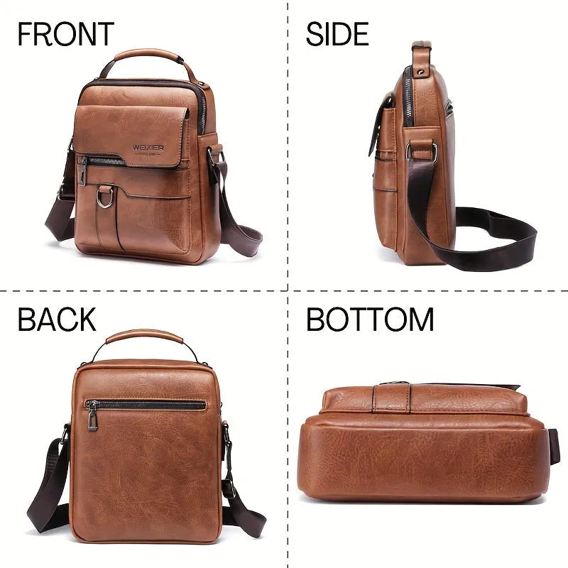 Men's brown PU leather crossbody messenger bag with metal zipper and adjustable strap on a plain background