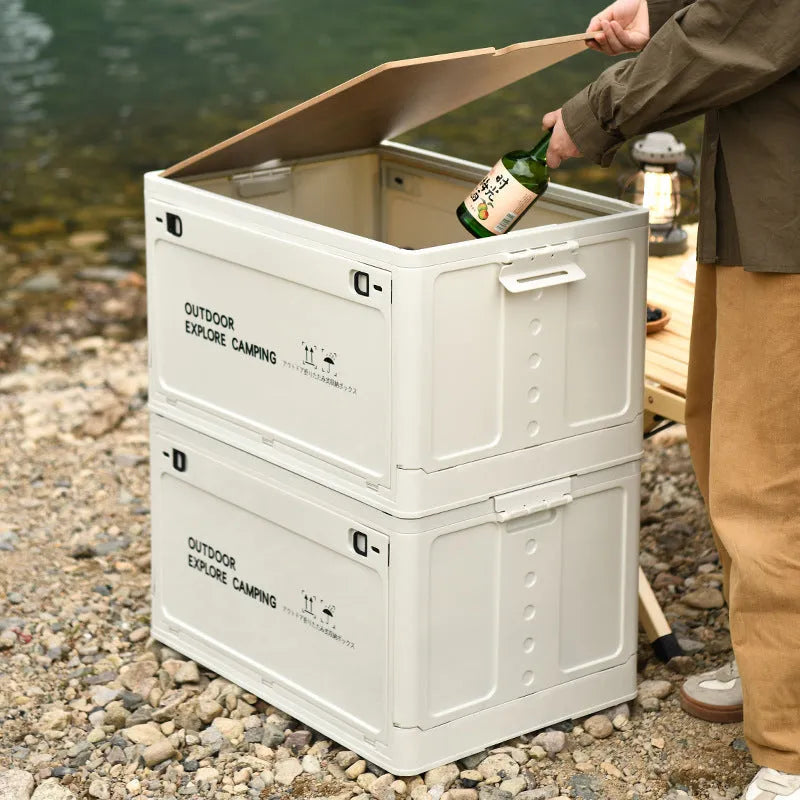 Oversized foldable plastic storage box with wooden lid in Nordic green colour
