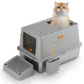 Large grey enclosed stainless steel cat litter box with pedal entry system