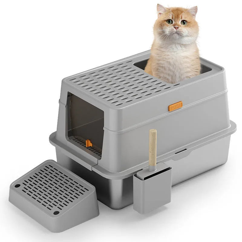 Large grey enclosed stainless steel cat litter box with pedal entry system