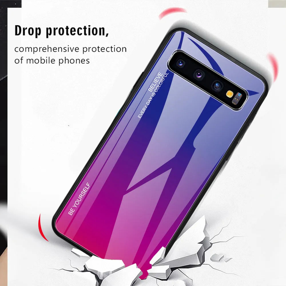 Gradient glass phone case for Samsung A series showing back cover with TPU frame and colour transition finish