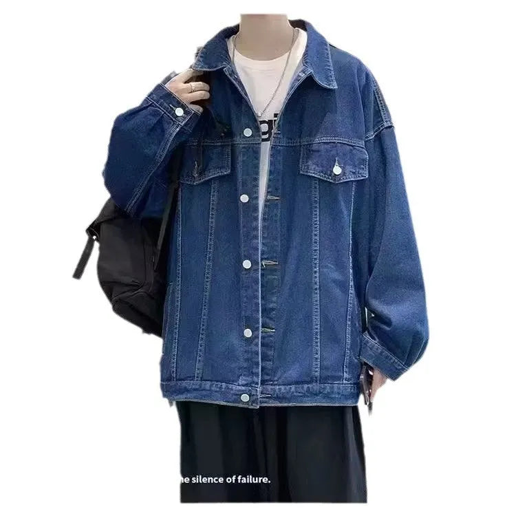 Ins Autumn Loose-fitting Denim Jacket in dark blue with side seam pockets, front view