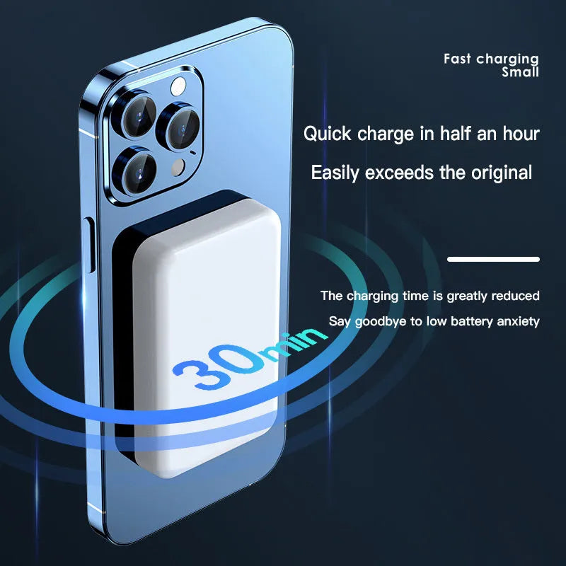 Pink magnetic wireless power bank showing dimensions of 100mm by 64mm.