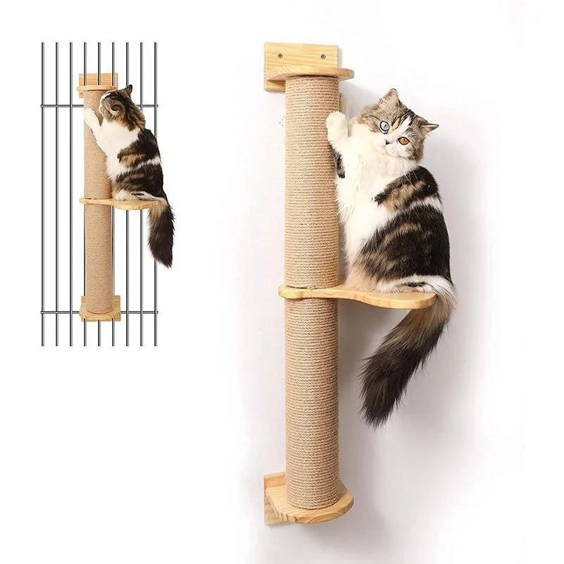 Wooden wall-mounted cat climbing frame with a natural flax cordage scratching post in wood and khaki colours.