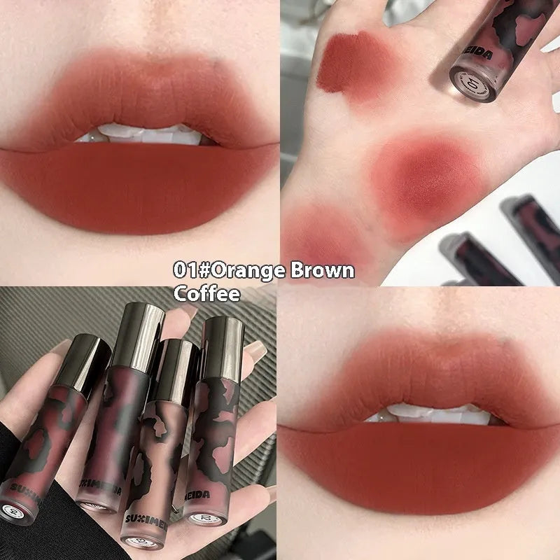 Lava Secret Matte Lip Mud Lipstick in five colour shades: orange brown coffee, cool grey, cinnamon coffee, jujube red, smoked purple.