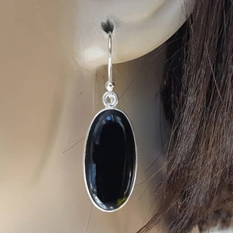 Black oval agate geometric pendant earrings with 925 silver electroplated alloy for women