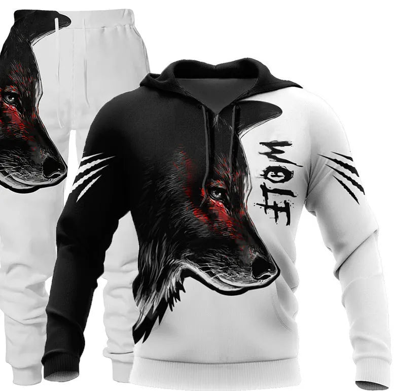 Men's 3D wolf print hooded tracksuit two-piece set with long sleeves and long pants in air layer fabric