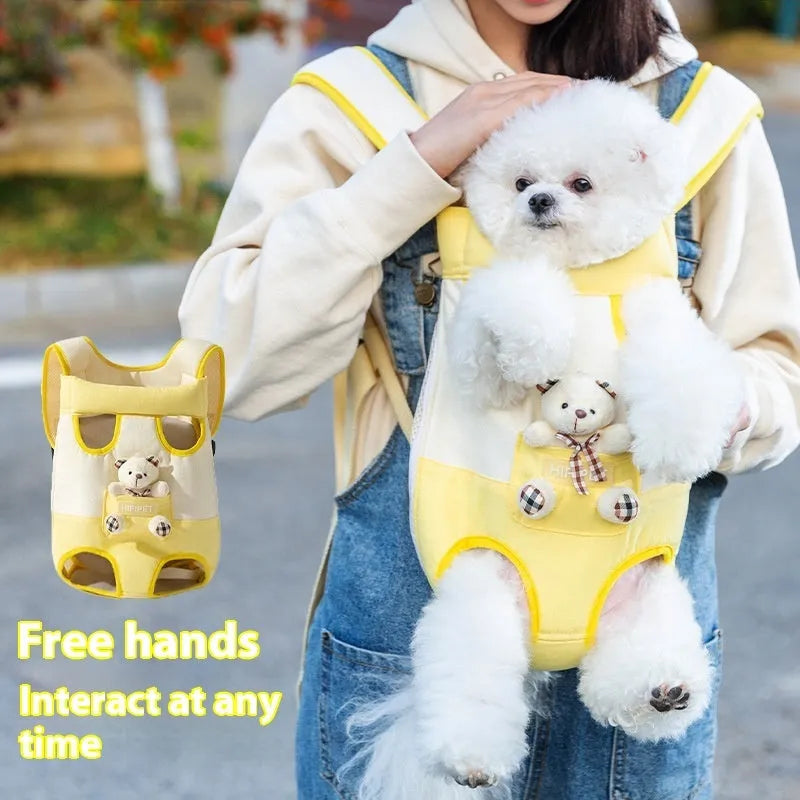 Cartoon canvas chest pet carrier bag in Beka yellow bear with ribbon trim, front view