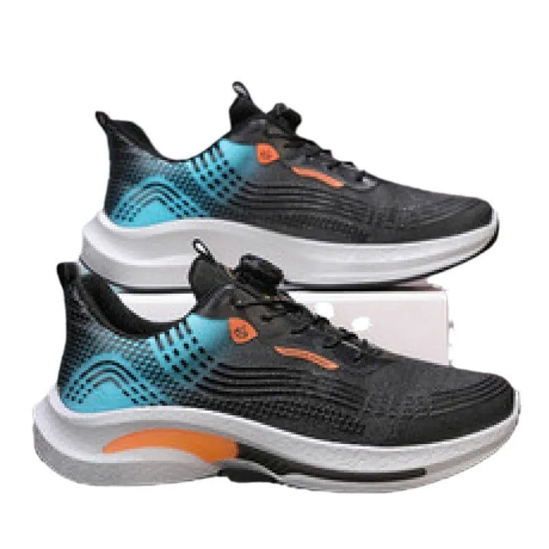 Men's low-top mesh sneaker with rotating buckle closure in black and blue colour combination