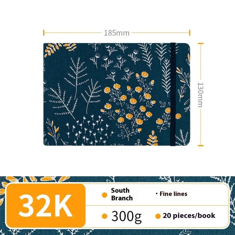 Feiluniao handmade fabric watercolour notebook with illustrated cover, open to show blank paper pages.