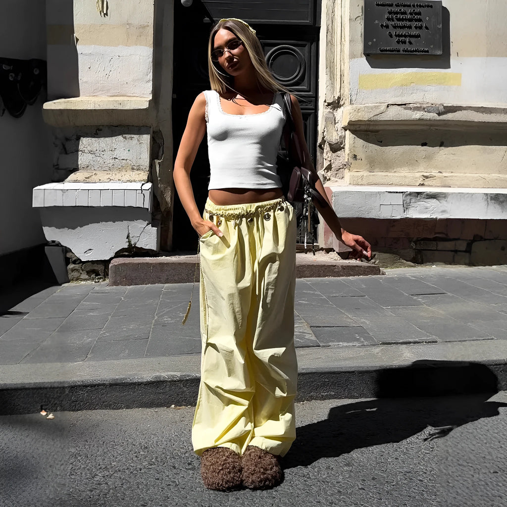 Solid yellow women's drawstring loose casual trousers with straight leg mid waist