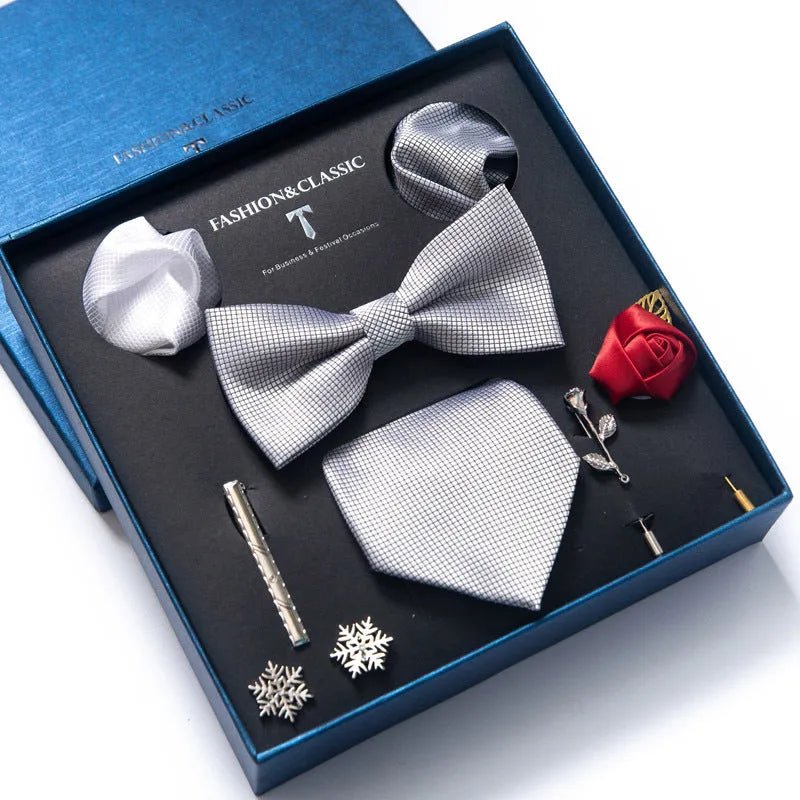 Men's 8-piece rayon jacquard bow tie set, heart shape arrow style, monochrome pattern, 146cm length