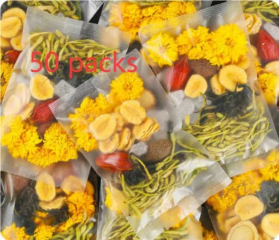 Box of honeysuckle chrysanthemum loose leaf herbal tea showing 150g net weight
