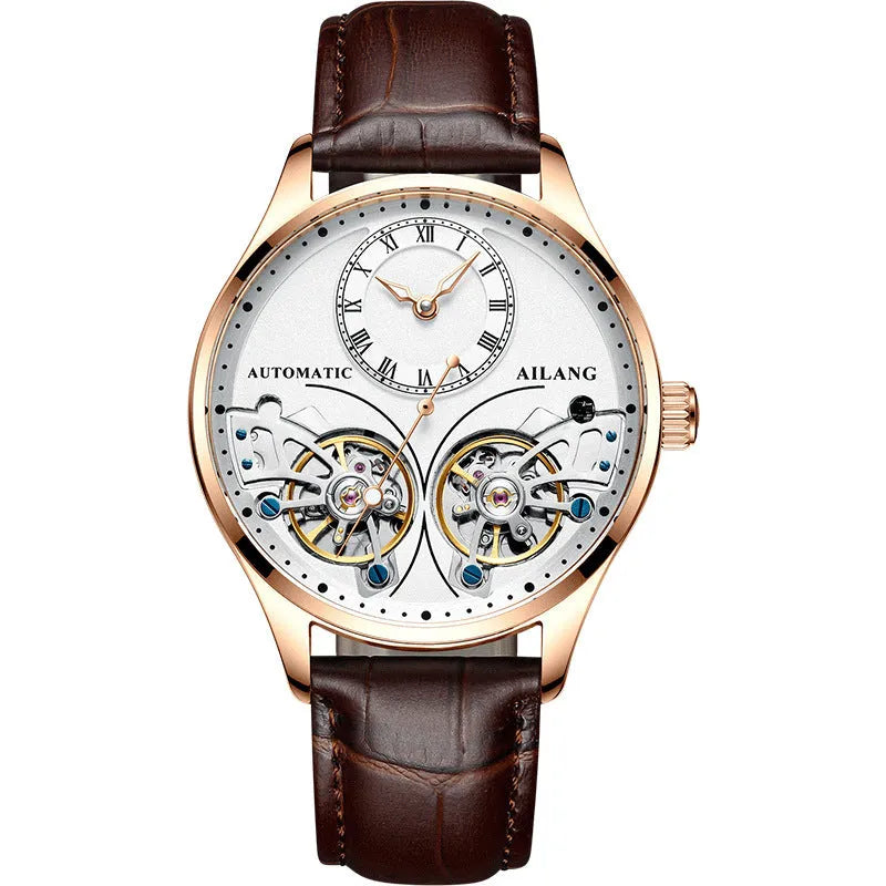 Automatic men's wristwatch with titanium case, round black dial showing tourbillon and moon phase.