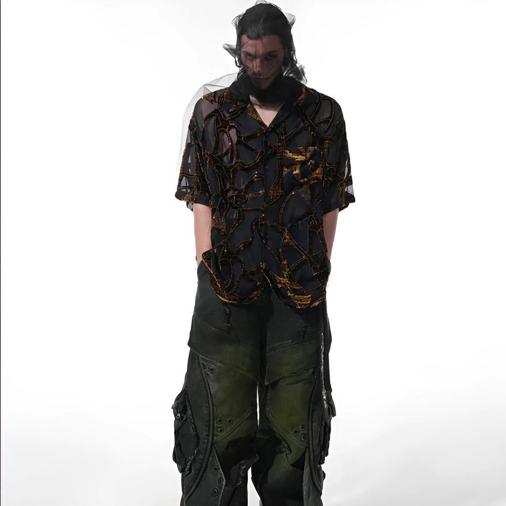 Lightweight translucent black and grey snake pattern men's short-sleeved shirt with lapel collar