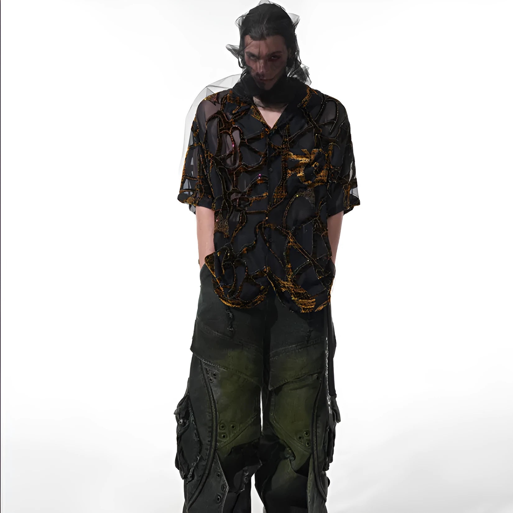 Lightweight translucent black and grey snake pattern men's short-sleeved shirt with lapel collar