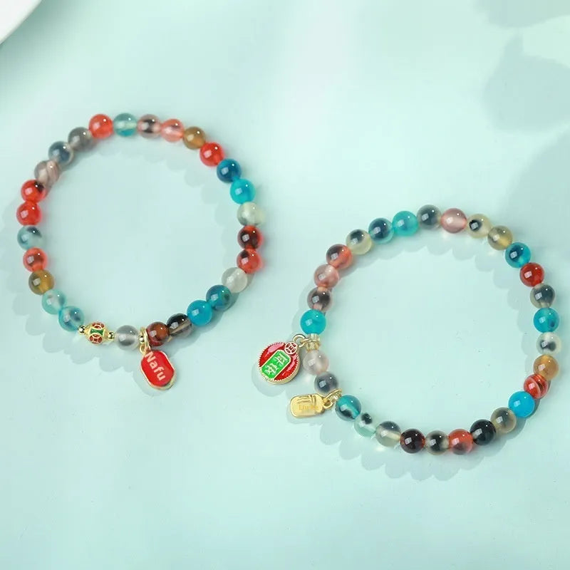 Natural colourful sugar heart agate and copper coin coloured glaze snake bracelet for women with traditional Chinese patterns