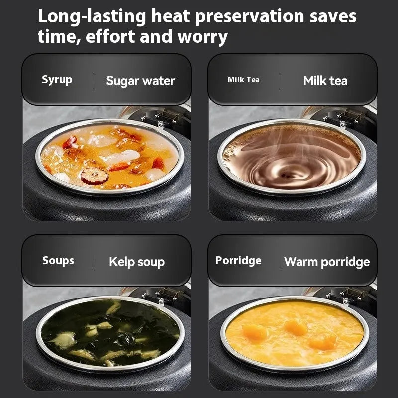 Black electric heating soup pot with stainless steel interior and large mouth cover for commercial kitchen use