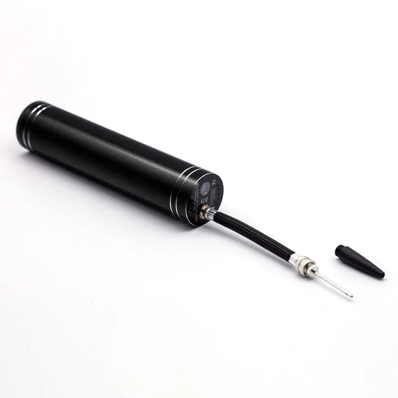 Black wireless USB electric air pump with warning light and needle nozzle for inflating footballs and balloons