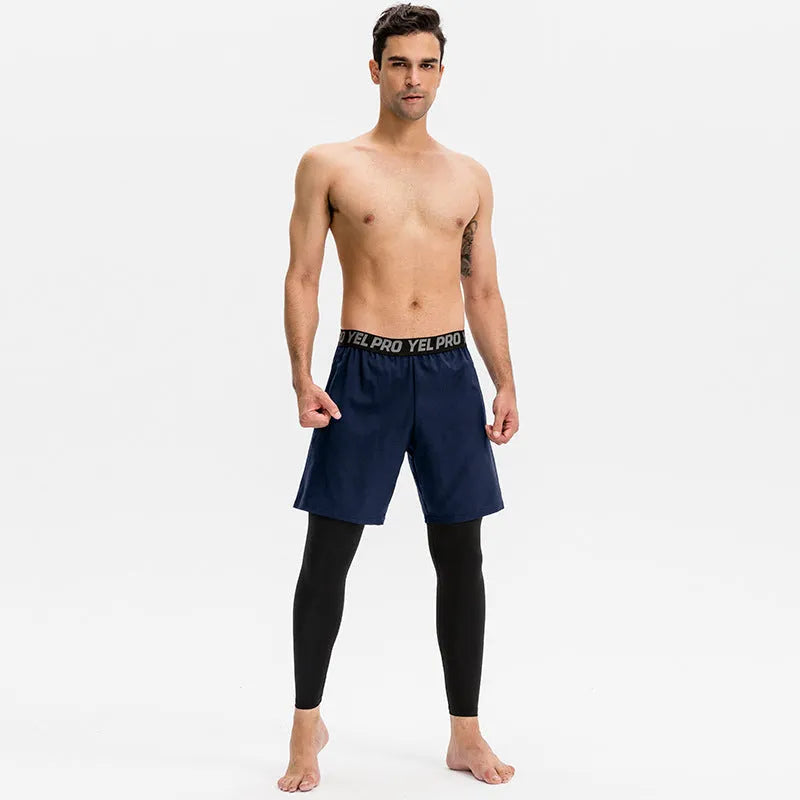 Men's grey quick-drying high elastic tight pants for running and fitness training.