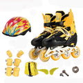 Adjustable children's roller skates in yellow with aluminium frame, PU foam wheels, and included helmet and protective gear.