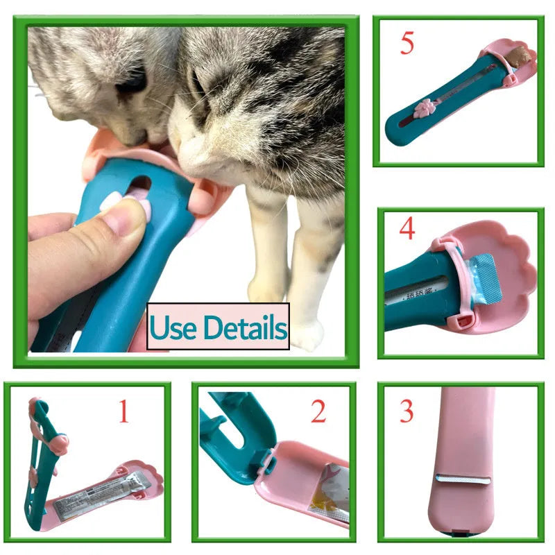 Green and pink pet feed spoon for snack extrusion and cereal dispensing with squeezer feeder design