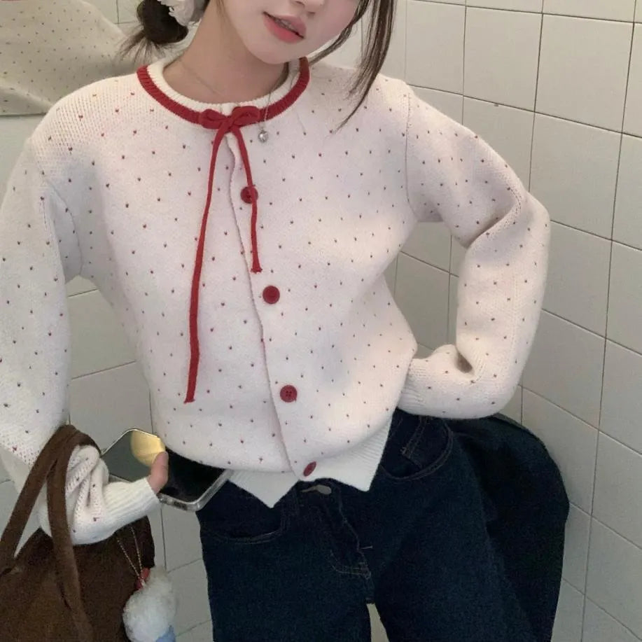 Women's polka dot jacquard lace-up single-breasted knitted sweater cardigan in loose fit