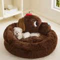 Plush faux fur sofa bed for a small dog or cat, shown in two size options.