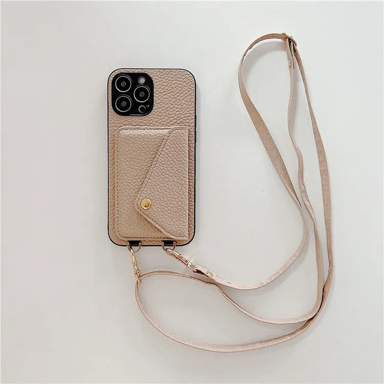 Lychee pattern card holder phone case in black with diagonal card slot and long rope