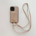 Lychee pattern card holder phone case in black with diagonal card slot and long rope