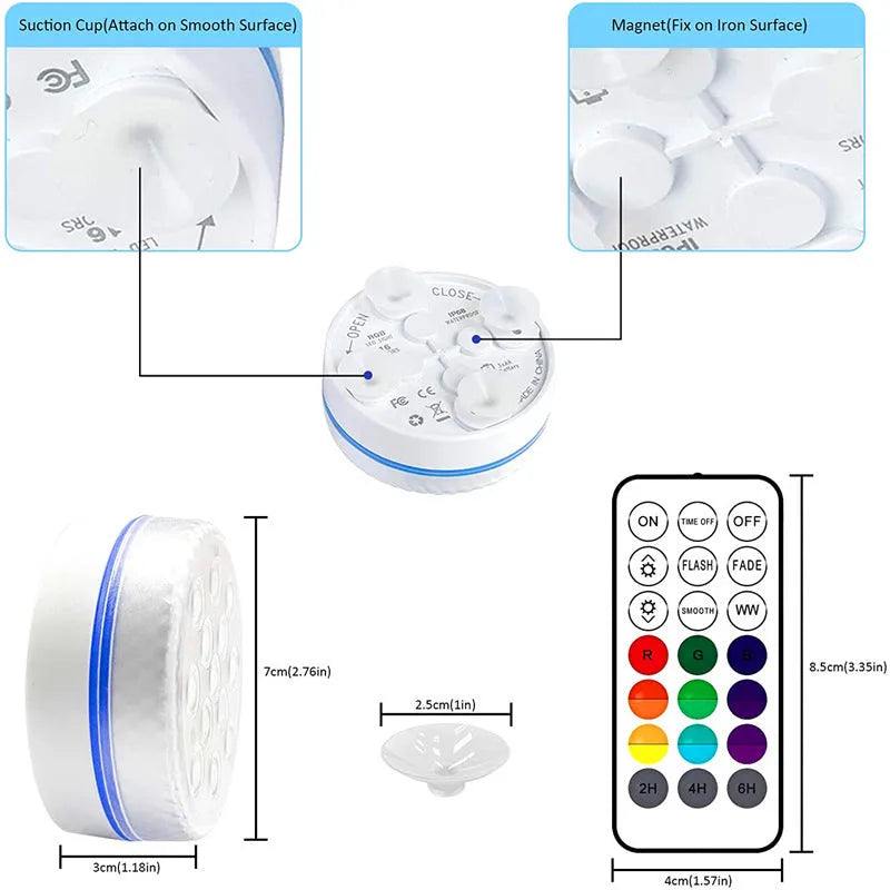 Remote control colour changing diving light with IP68 waterproof rating for indoor and outdoor use