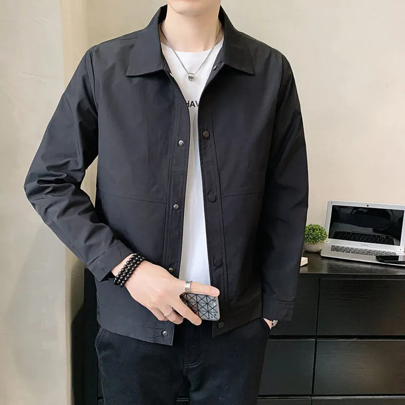 Korean style men's thin single-layer jacket in polyester, shown in light grey colour with long sleeves.
