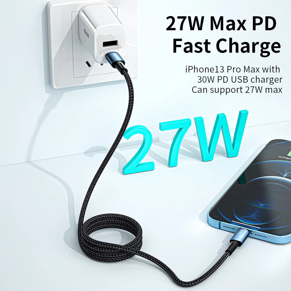 USB-C to USB-C fast charging cable with aluminum alloy connectors and coloured indicator light, available in multiple lengths.