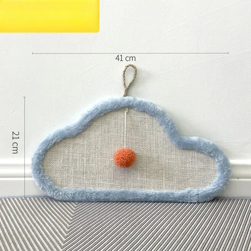 White cat scratching mat with cartoon sleeping cat design, made from natural sisal, shown on a wall.